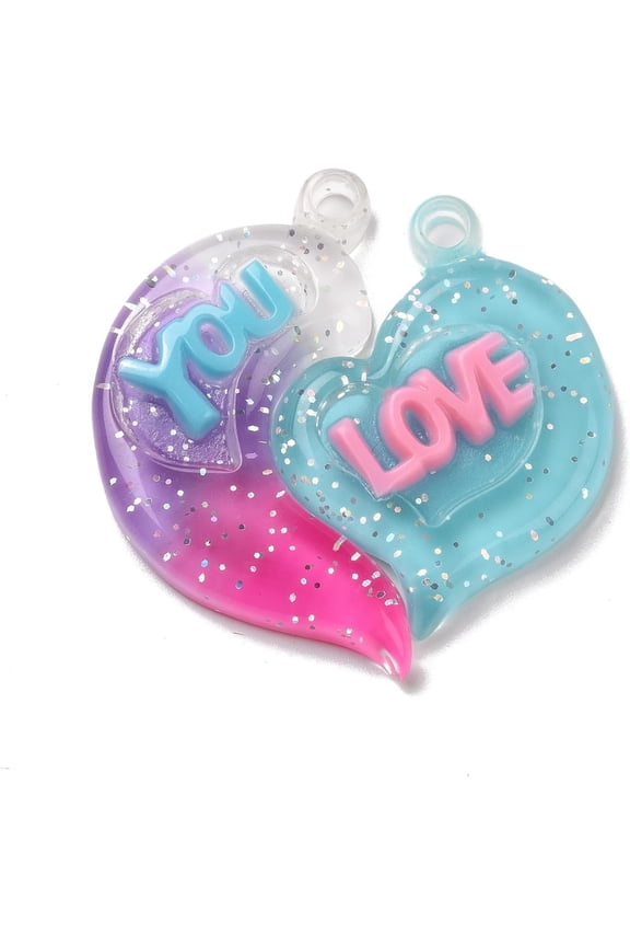 2 Set Gradient Color Translucent Resin Pendants Couple Heart Charm with Word LOVE YOU Deep Pink Pendants for Women Jewelry DIY Necklace Craft Making 39x38.5x5.5mm Hole: 3.5mm 2pcs/set