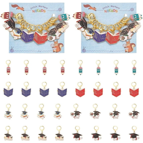 2 Set Graduation Theme Alloy Enamel Pendant Stitch Markers Crochet Leverback Hoop Charms Locking Stitch Marker with Wine Glass Charm Ring for Handmade