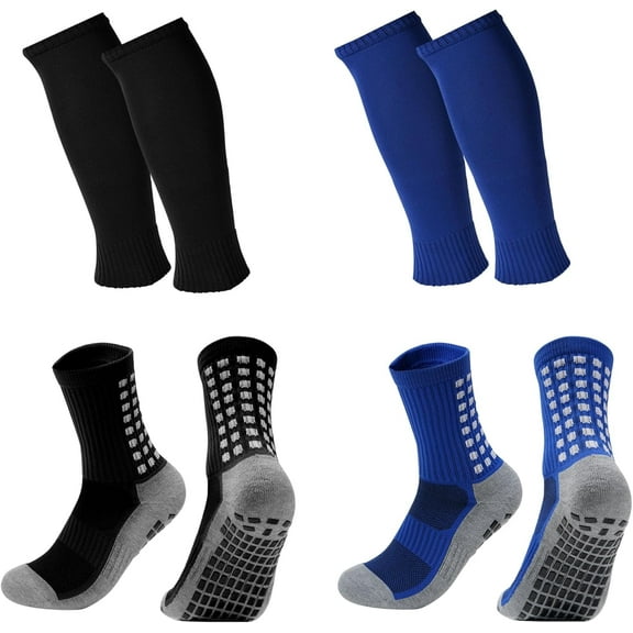 2 Set Grip Soccer Socks with Shin Guard Sleeves Non Slip Soccer Leg Sleeve Socks For Men Women