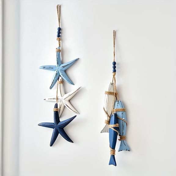 2 Set Handmade Mediterranean Nautical Starfish & Fish Wall Hanging | Artificial Wooden Fish and Blue Coastal Sea Star Decorations, Irregular Shape, Suitable for Cafes, Restaurants, Home, Office