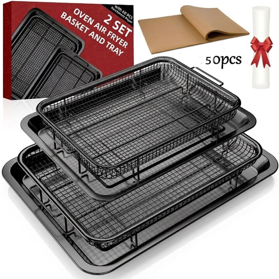 2 Set Large&Medium Air Fryer Basket for Oven,Oven Air Fryer Basket and Tray with 50 PCS Parchment Papers,Crisper Tray Non-stick Stainless Steel Air Fry Pans for Convection Oven,14.88"& 13",Black