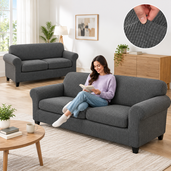 2 Set Light Gray Stretch Modular Sofa Slipcovers with Separate Cushion Covers