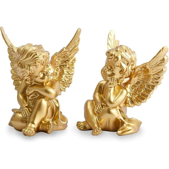 2 Set of Little Angel Statue Figurines, Resin Cherubs Statue with Wings Sleeping Thinking Angle Sculpture for Home Living Room Desktop Office Decoration (Gold)