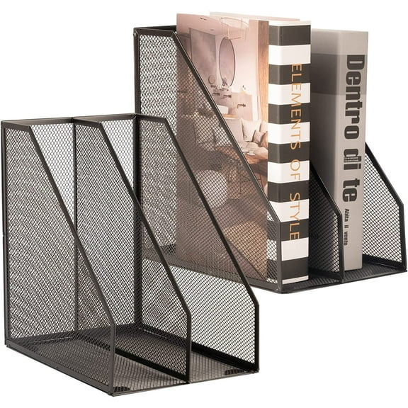 2 Set Magazine Holder Metal Wire, Compartments Mesh File for Desk, Office Desk Accessories Decorative Box, Black