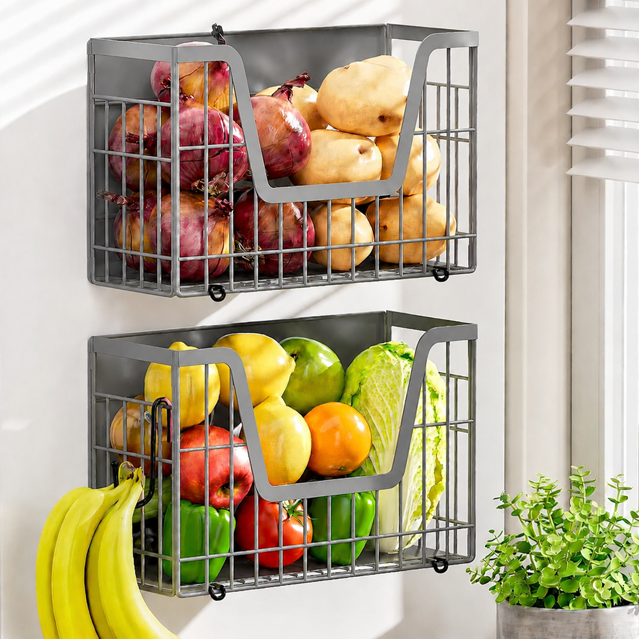 2 Set Magnetic Shelf for Fridge, Potato & Onion Storage Bins, Magnetic Fruit Basket for Refrigerator Pantry Kitchen Counter Laundry, Magnetic Fridge Organizer Spice Snacks Magnet Fridge Shelf Gray