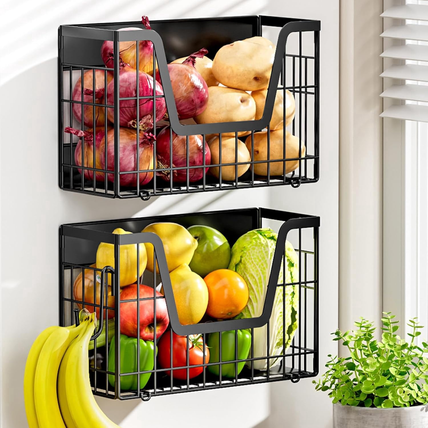 2 Set Magnetic Shelf for Fridge, Potato & Onion Storage Bins, Magnetic Fruit Basket for Refrigerator Pantry Kitchen Counter Laundry, Magnetic Fridge Organizer Spice Snacks Magnet Fridge Shelf Black
