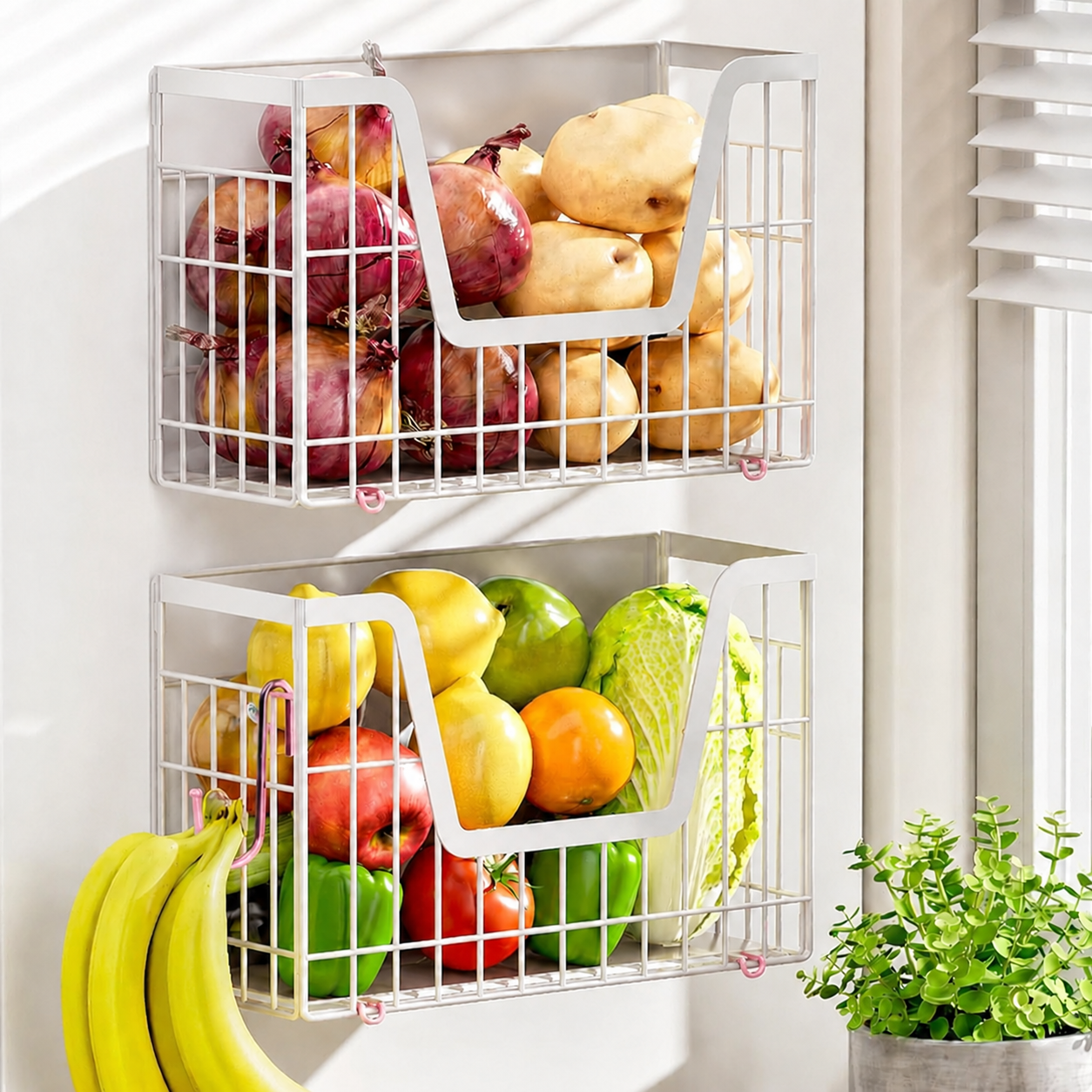 2 Set Magnetic Shelf for Fridge, Potato & Onion Storage Bins, Magnetic Fruit Basket for Refrigerator Pantry Kitchen Counter Laundry, Magnetic Fridge Organizer Spice Snacks Magnet Fridge Shelf White