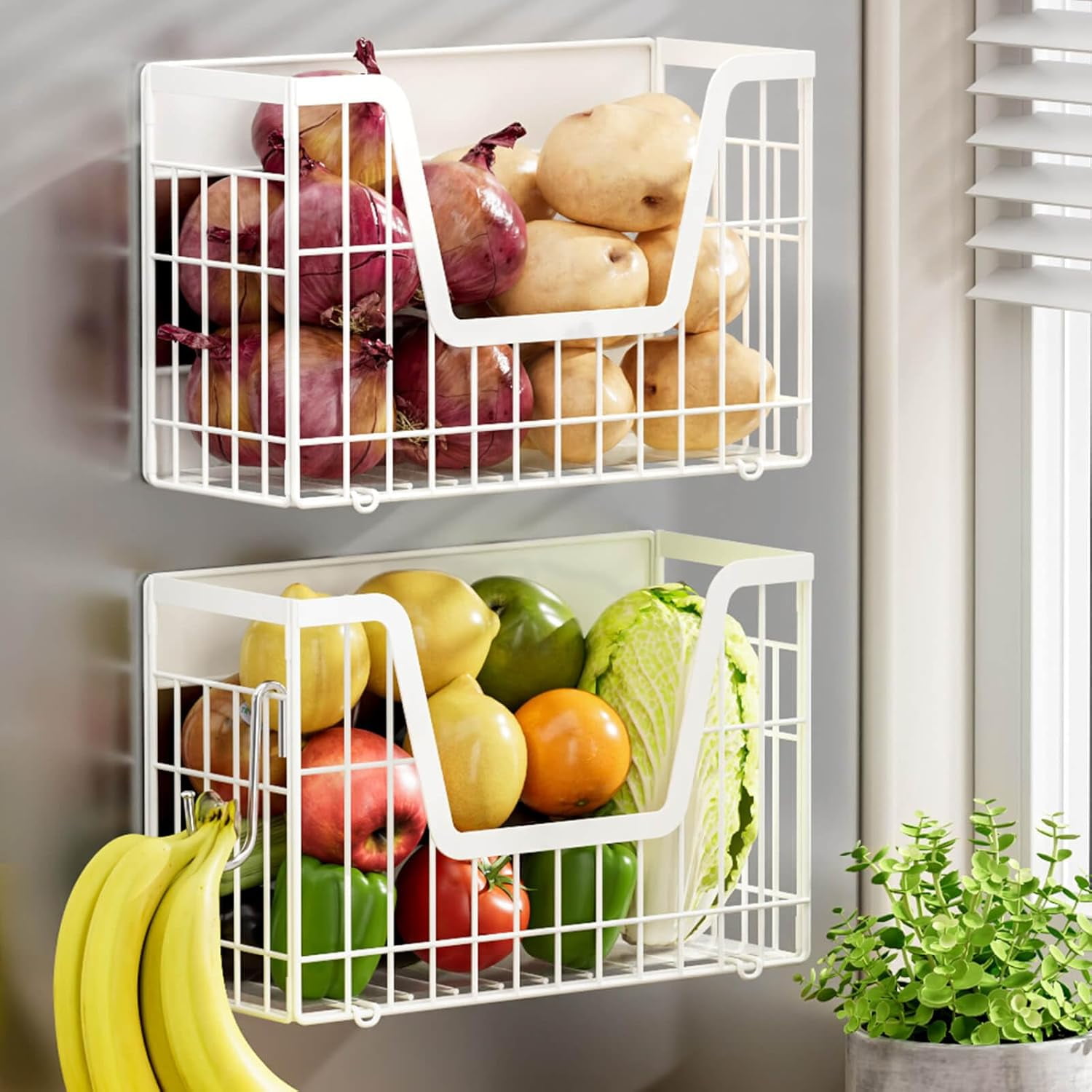 2 Set Magnetic Shelf for Fridge, Potato & Onion Storage Bins, Magnetic Fruit Basket for Refrigerator Pantry Kitchen Counter Laundry, Magnetic Fridge Organizer Spice Snacks Magnet Fridge Shelf