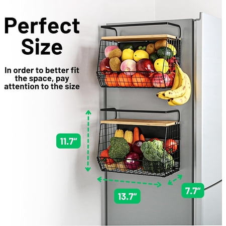 2 Set Magnetic Shelf for Refrigerator with Wood Lid, Large Storage Container for Fruits & Spices
