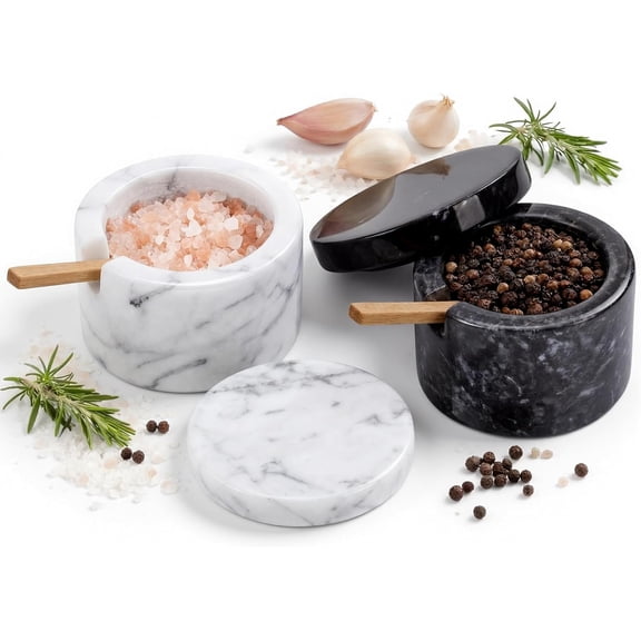 2 Set Marble Salt Cellar with Lid and Wooden Spoon Handcrafted Marble Salt Container Natural Spice Jars White Gray for Pepper Seasonings Small Round for Kitchen