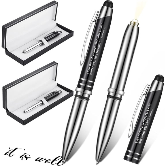 2 Set Mark 9:23 Philippians 4:13 Christian Engraved Pen Religious 3-in-1 Scripture Prayer Pen with LED Light and Stylus Tip Christian Graduation for Church