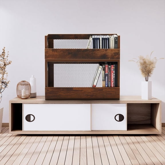 2 Set Metal & Wooden Stackable Tabletop Storage Shelf, DVD and CD Storage Box Display Holder Rack with Carrying Handle for Bookshelf Movie Cases Cassette Tape, Can Store up to 36 CDs and 26 DVDs