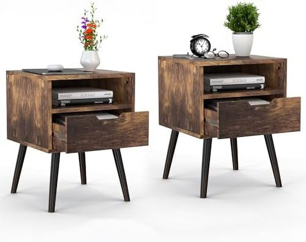 2 Set MidCentury Modern Nightstand Wooden with Drawer Bedside for