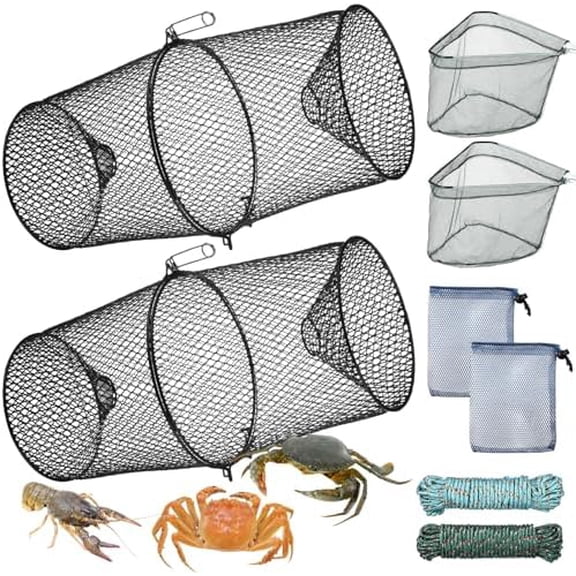 2 Set Minnow Trap Crawfish with Closure Spring Clip Hand Ropes Bait Bag and Fishing Landing Net Bait Trap for Crayfish Crawdad Lobster Crab Metal Net Cage Fishing Accessories