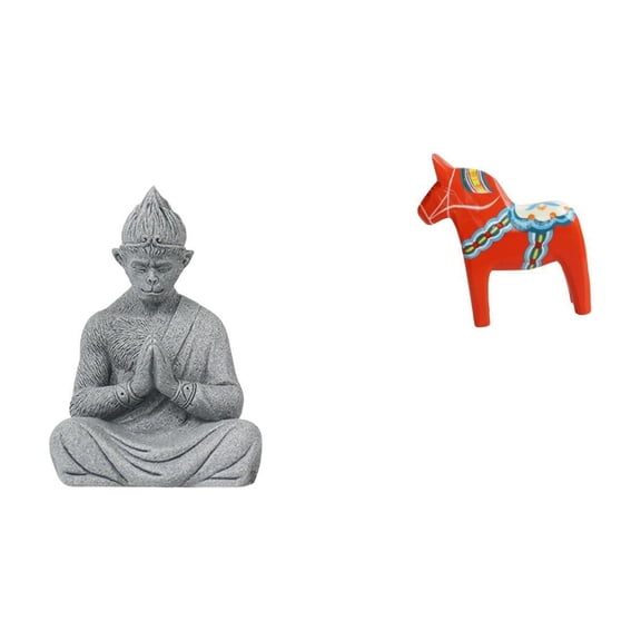 2 Set Monkey Buddha Statue Dala Horse Figurine Sandstone Artistic Ornament for Living Room Yard Entrance Cabinet Office