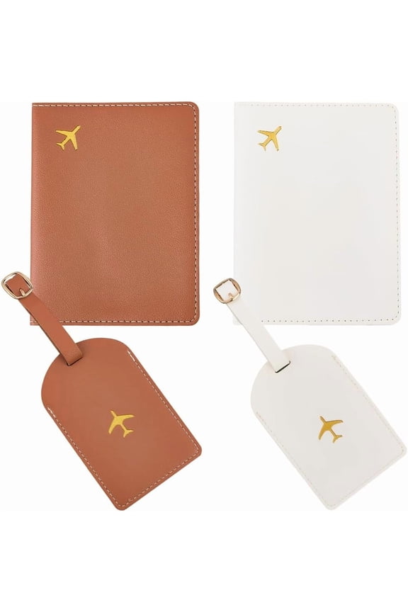 2 Set Mr and Mrs PU Leather Passport Holder Luggage Tags Set Honeymoon Plane Card Covers Sleeve Brown White with Suitcase Travel ID Labels for Couples Bridal Shower Gift Colorful DIY