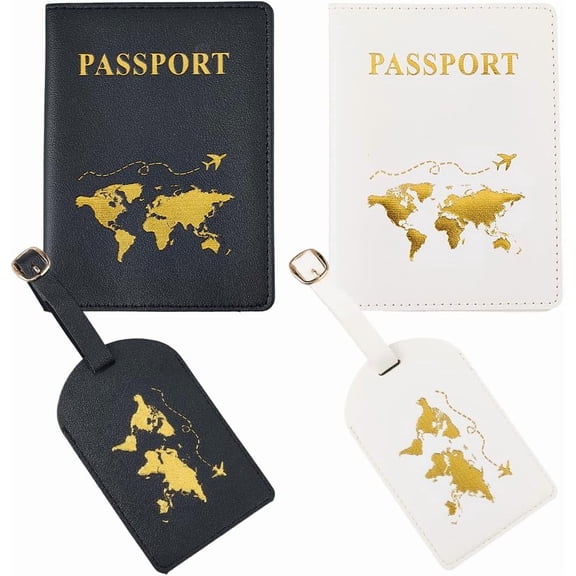 2 Set Mr and Mrs PU Leather Travel Holder Set Honeymoon Map Passport Covers Card Protector Sleeve Books Case with Travel ID Labels Black White for Couples Bridal Shower Colorful
