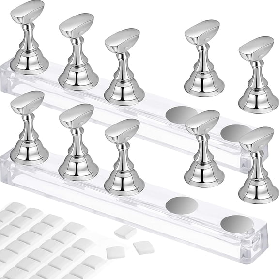2 Set Nail Stand for Painting Press Nail Holder Acrylic Magnetic Tips Training Fingernail Display Stands DIY Crystal Holders and 96 Pieces White Reusable Adhesive Putty(Silver)