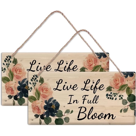 2 Set Natural Wood Hanging Wall Decorations with Jute Twine Rectangle with Word Live Life In Full Bloom Colorful Flower Pattern 150x300x5mm