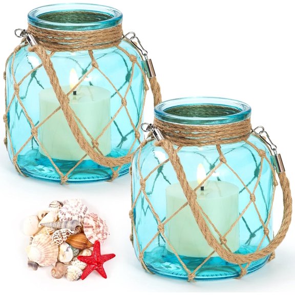2 Set of Nautical Candle Lanterns, Coastal Beach Decor Blue Glass Jars with Rope Handle, Flameless LED Candles and Sea Shells for DIY Room Centerpiece Bathroom Ocean Decoration
