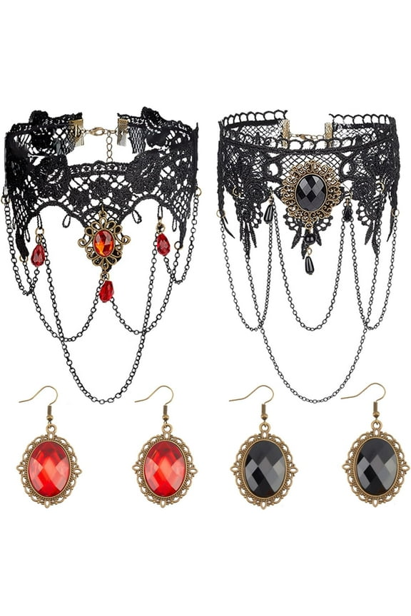2 Set Necklace Jewelry Vampire Gothic Jewelry Pirate Lace Choker Necklaces Vintage Pendant Earrings Costumes Accessories for Women Jewelry Necklace Earring Red & Black