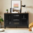 thumbnail image 1 of 2 Set Nightstands with Grille Striped Doors, Mid Century Modern Nightstand, Bedside Table with Slatted Drawer Decor, End Tables Bedroom with Metal Legs, Night Stand for Bedroom, 1 of 10