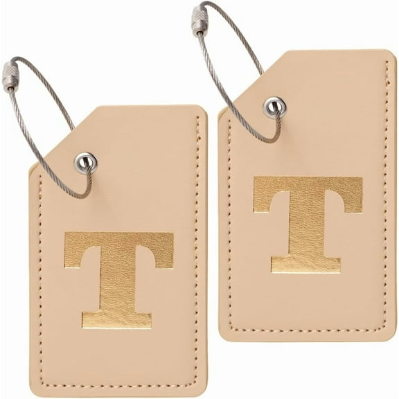 2 Set PU Leather Luggage Tag Travel ID Labels Suitcase Name Tags with Steel Wire Rectangle Letter T 95x55x3mm