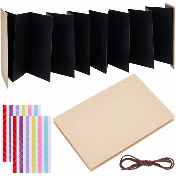 2 Set Paper Journal Notebook Blank Accordion Expanding DIY Notebook & Photo Ablum with Plastic Sticker and Elastic Band Rectangle Black