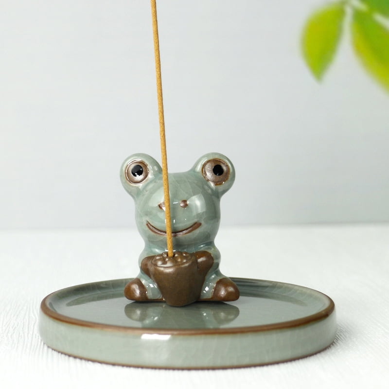 2 Set Porcelain Incense Burners Flat Round with Frog Incense Holders Home Office Teahouse Zen Supplies Dark Sea Green 100x60mm