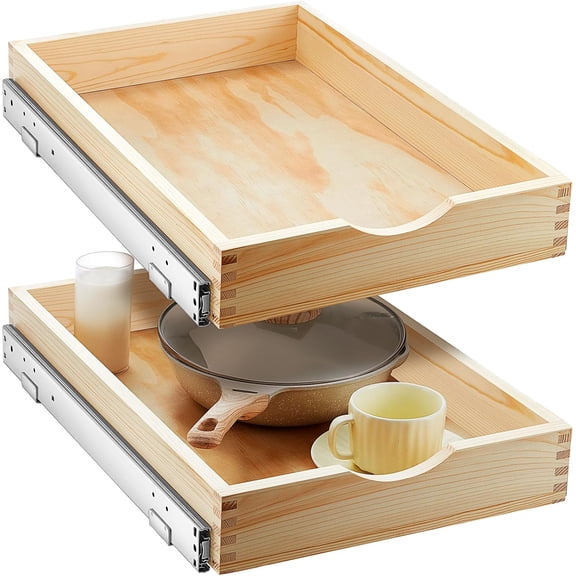 2 Set Wooden Pull out Cabinet Organizer Fully Assembled Slide out Pantry Drawer with Gentle Close Storage Shelf Tray for Base Kitchen Under Sink Bathroom Accessory(Wood Color,15'' X 21'' X 3'')