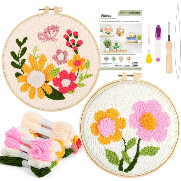 2 Set Punch Needle Embroidery Starter Kits Include Instructions, Punch Needle Fabric with Pattern, Yarns, Embroidery Hoops for Rug-Punch & Pinch Needle