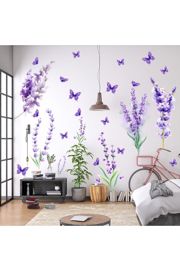 2 Set Purple Lavender Butterfly Bedroom Decorative Stickers Peel and Stick Wall Art Decorations Decor PVC Removable Lavender Wall Stickers for Bedroom Living Room Murals(Set of 2)