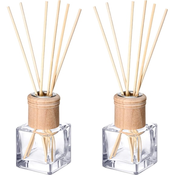 2 Set Reed Diffuser Bottle Empty Refillable Fragrance Glass Diffuser Bottles with Wooden Caps Rattan Sticks 50ml 1.7 oz Square Glass Jars for DIY Fragrance