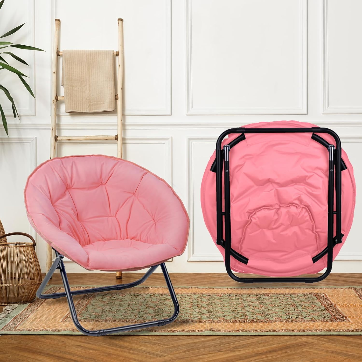 2-Set Round Foldable Saucer Chair Capacity Cozy Chair with Black Metal ...