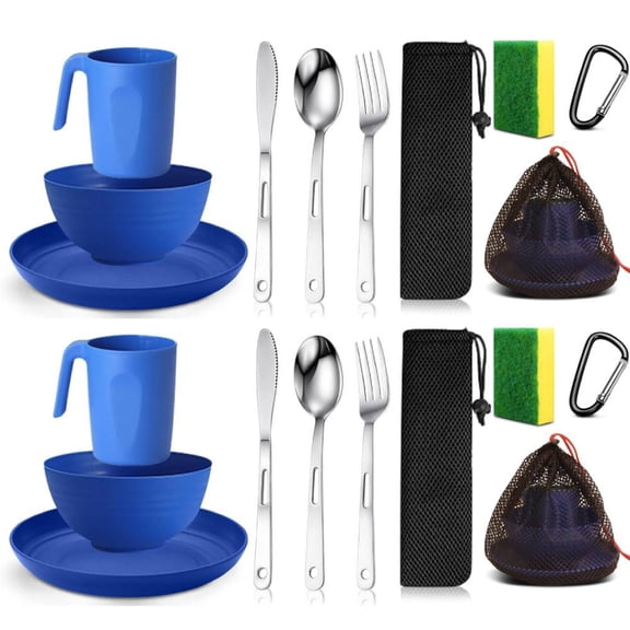 2 Set Scout Camping Mess Kit for Person Boy Scout Dishes Set Girl Scout Mess Kit with Mesh Bag Reusable Light Weight Eating Utensils Plastic Camping Cutlery Set for Travel Camp