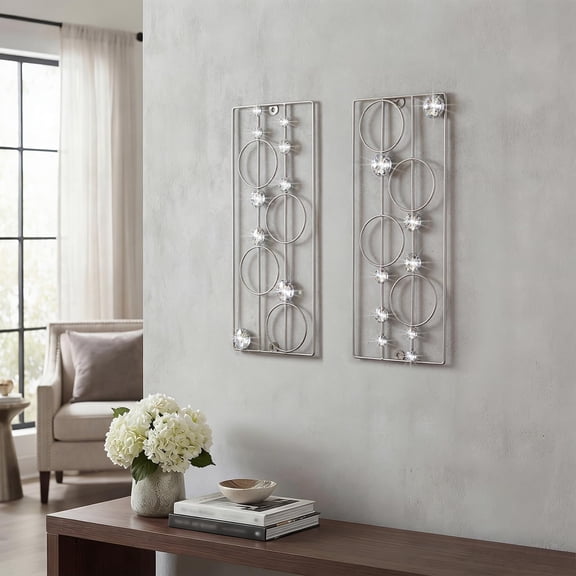 2 Set Silver Metal Wall Sculpture Modern Geometric Rhinestone Decor for Living Room Bedroom Office