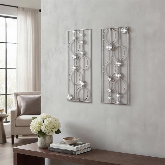 2 Set Silver Metal Wall Sculpture Modern Geometric Rhinestone Decor for Living Room Bedroom Office