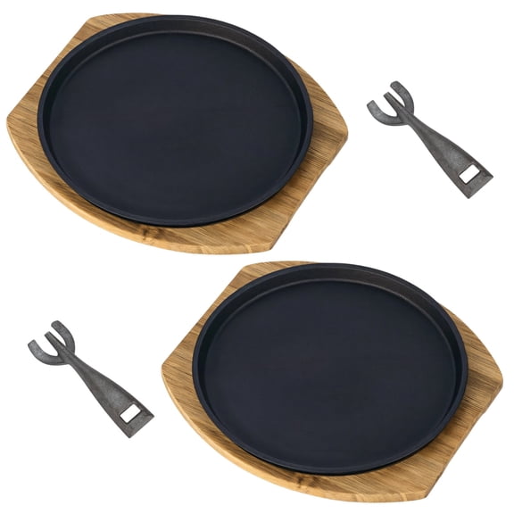 2 Set Sizzling Steak Plates with Wooden Tray, 9.1 Inch Cast Iron Fajita Plates for Grilling & Teppanyaki, Includes Heatproof Clip, Easy to Clean