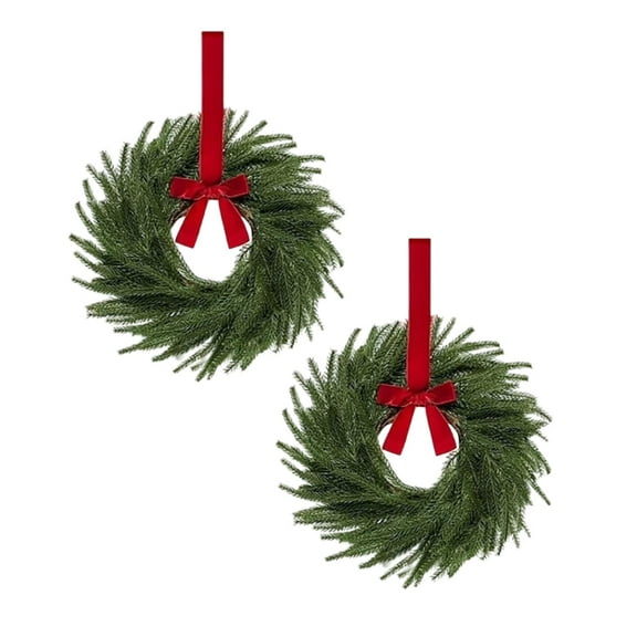 2 Set Small Christmas Norfolk Wreath Simple Evergreen 11" Christmas Kitchen Cabinet Mini Wreath Greenery Real Touch with Bow and Red Ribbon for Xmas Chair Front Door Window Table Pillar Decor