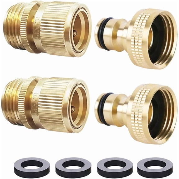 2-Set Solid Brass Garden Hose Quick Connect, 3/4 Inch GHT Water Hose Fittings, Heavy Duty Leak-Free Quick Disconnect Adapters for Faucets, Nozzles, and Sprinklers-2 Sets