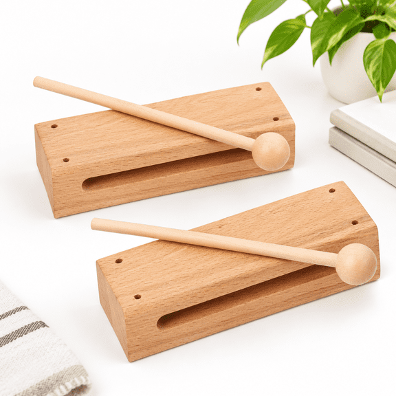 2 Set Solid Wood Rhythm Blocks with Mallet Percussion Instrument