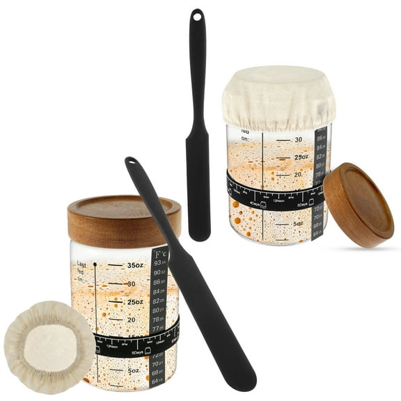 2 Set Sourdough Starter Jar Kit 1000ml Heat Resistant Sourdough Starter Container with Wooden Lid Reusable Wide Mouth Glass Sourdough Fermentation Jar for Sourdough Bread Baking