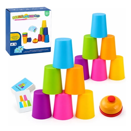 2 Set Speed Stacking Cups, Cup Stacking Set with 54 Challenge Cards & Buzzer for Color Stack Game, Interactive Stacking Games for Family Activity, Plastic Color Stack Challenge Game for Kids Adult