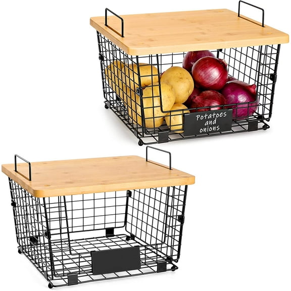 2 Set Stackable Wire Basket with Bamboo Top - Kitchen Counter, Pantry Organizer and Storage - Produce Onion Potato Fruits Vegs Bread Food Snack Spice Organizing Bin