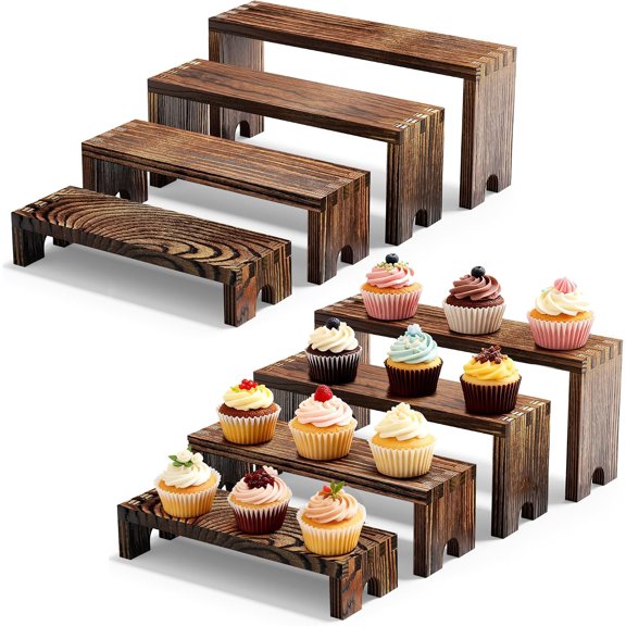 2-Set Stackable Wood Display Risers, 8 Pcs Wood Cupcake Stand Set for Party-Farmhouse Food Display for Buffet, Vendor Events, Wedding & Birthday, Brown