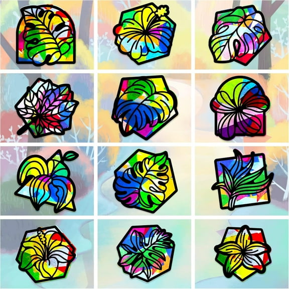 2 Set Suncatcher Craft Set for Kids Window Paint Art Painting Plants Pattern 19.9~21x7.6~21cm 12pcs/set