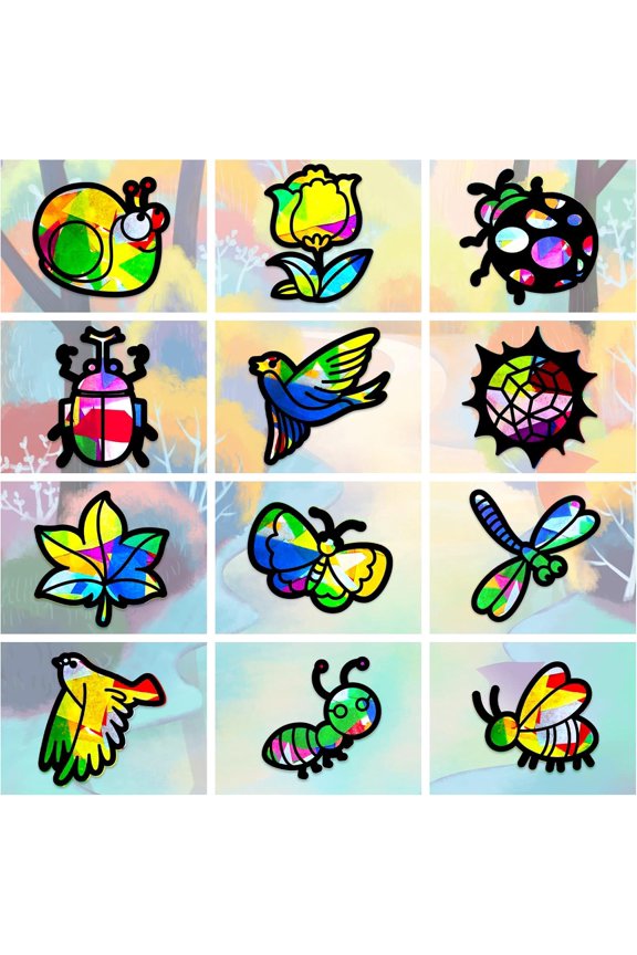 2 Set Suncatcher Craft Set for Window Paint Art Painting Insect Pattern 19.9~21x7.6~21cm 12pcs/set