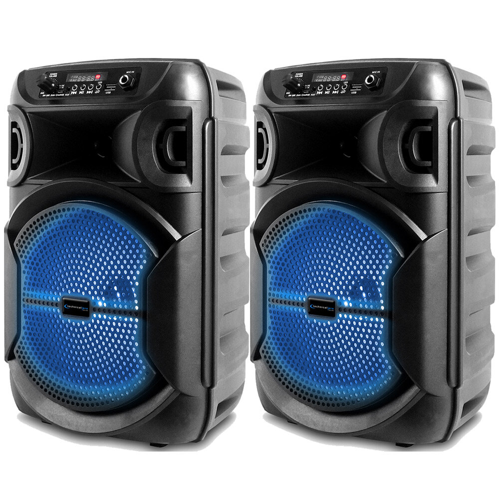 2 Set Technical Pro 8 Inch Portable 1000 watts Bluetooth Speaker w/ Woofer and Tweeter Party PA LED Speaker w/ - image 1 of 7