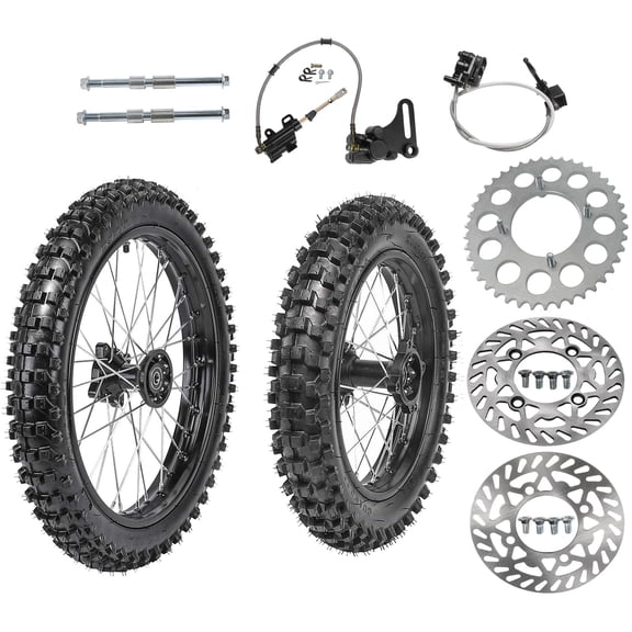 2 Set of Tire and Wheel Kit Front 60/100-14 and Rear 80/100-12 & Sprocket & Brake For Dirt Pit Bikes Motocross Off Road Apollo Taotao SSR 110cc 125cc 90cc CRF70 RM65 CRF50 (12mm)