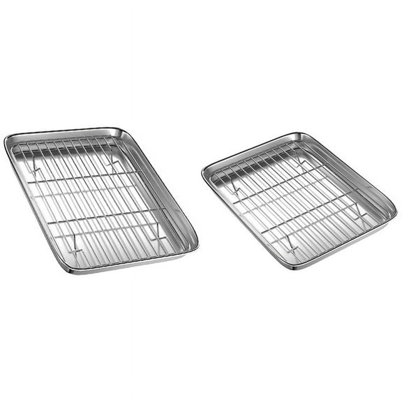 2 Set Toaster Oven Tray and Rack Set, Small Stainless Steel Baking Pan with Cooling Rack, 10 Inch & 9 Inch